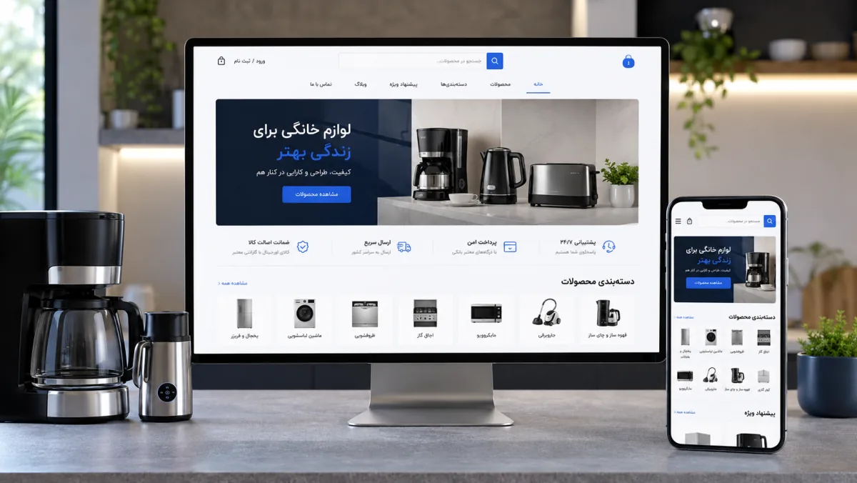 طراحی سایت فروشگاه لوازم خانگی — فروشگاه لوازم خانگی خانهپلاس | نمونهکار مای طرح