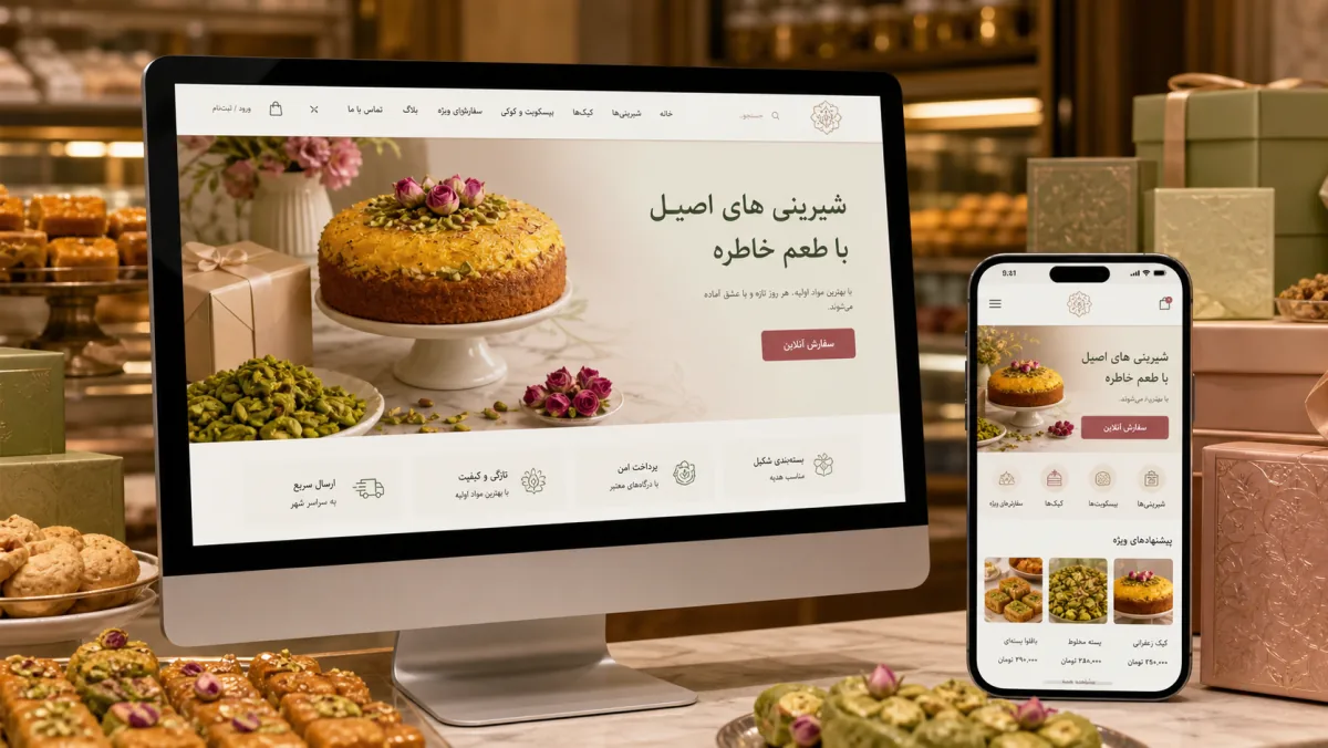 طراحی سایت فروشگاه شیرینی و مواد غذایی — شیرینیسرای شیرینک | نمونهکار مای طرح